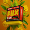 EIX Gum packaging with yellow flowers and green leaves on an orange background