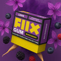 FIIX Gum packaging with mixed berry flavor on a purple background with flowers and berries.